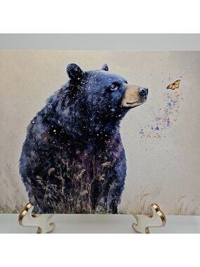 4x6 Horizontal Black Bear with Butterfly Watercolor‎ Oil Painting Print